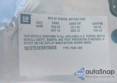 2006 Chevrolet Malibu Lt z USA, uszkodzony, nr VIN 1G1ZT51876F276478